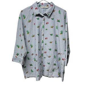 Zara striped oversized top Cactus print Button Down shirt size XL blue & white